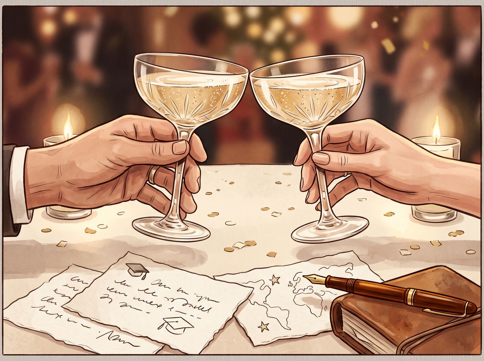 Illustration of two vintage coupe glasses clinking above handwritten speech notes and candlelight.