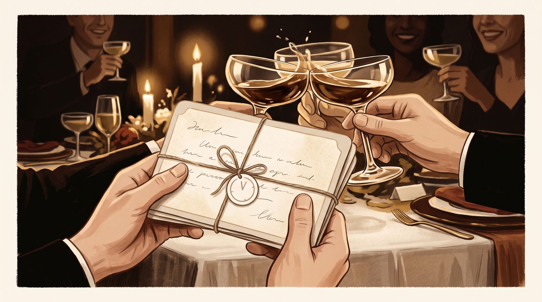 Illustration of a speaker holding tied cue cards as guests raise their glasses.